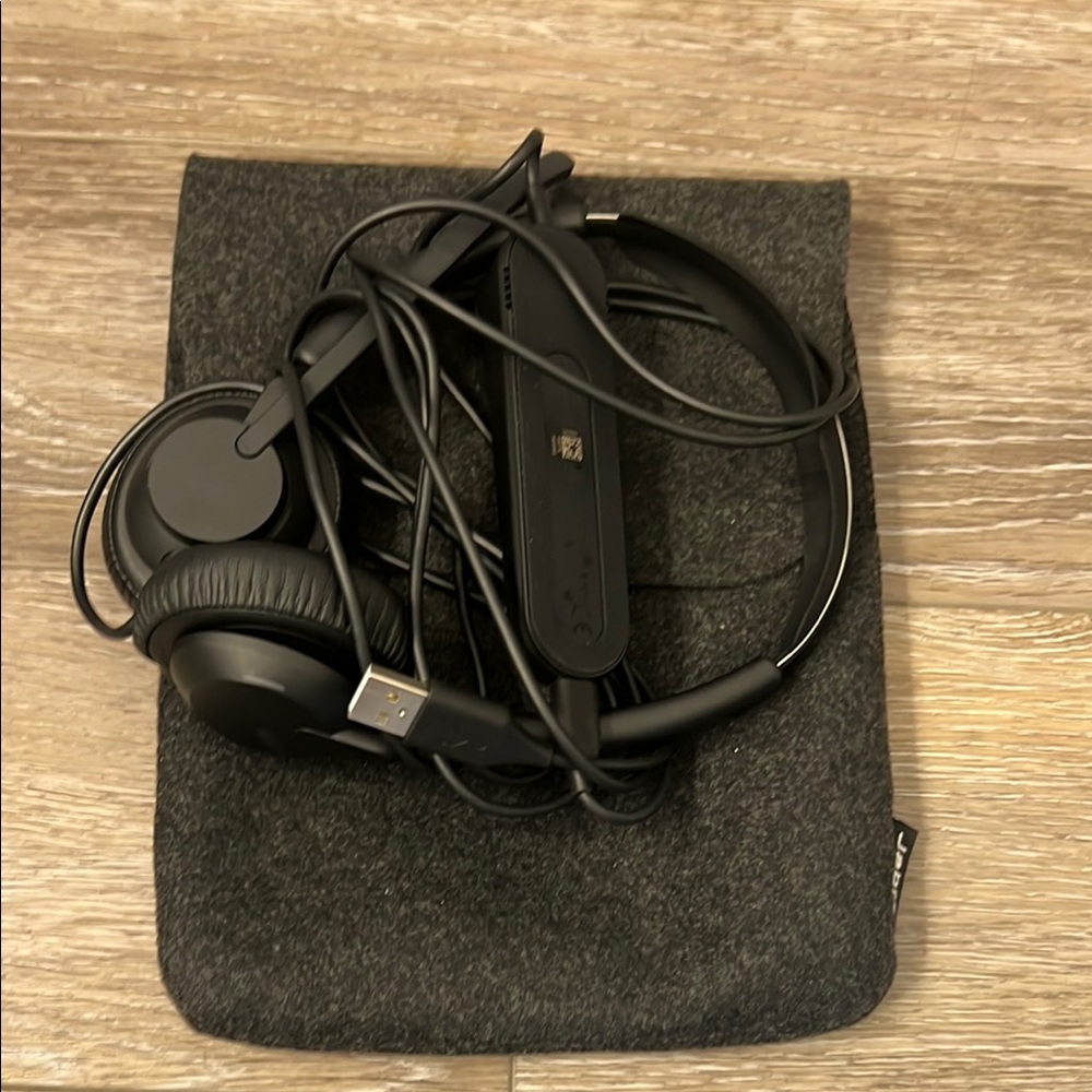 Black Wired Headphones with Gray Pouch